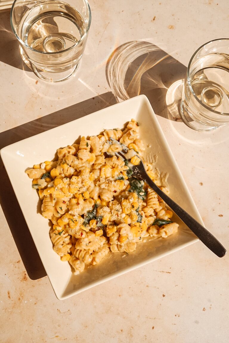 Sweet Corn and White Wine Chickpea Pasta