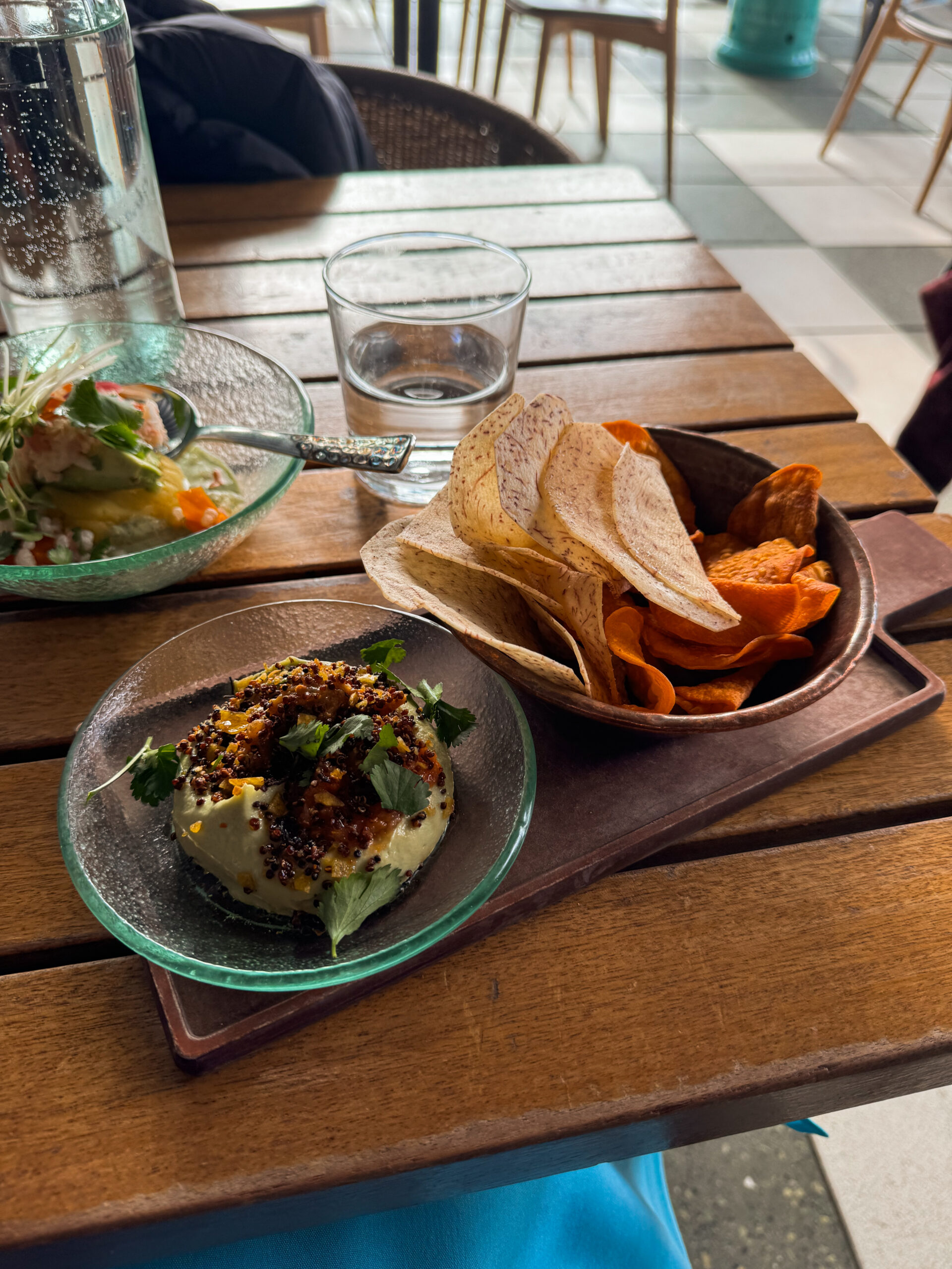 tuna dip and chips on table.