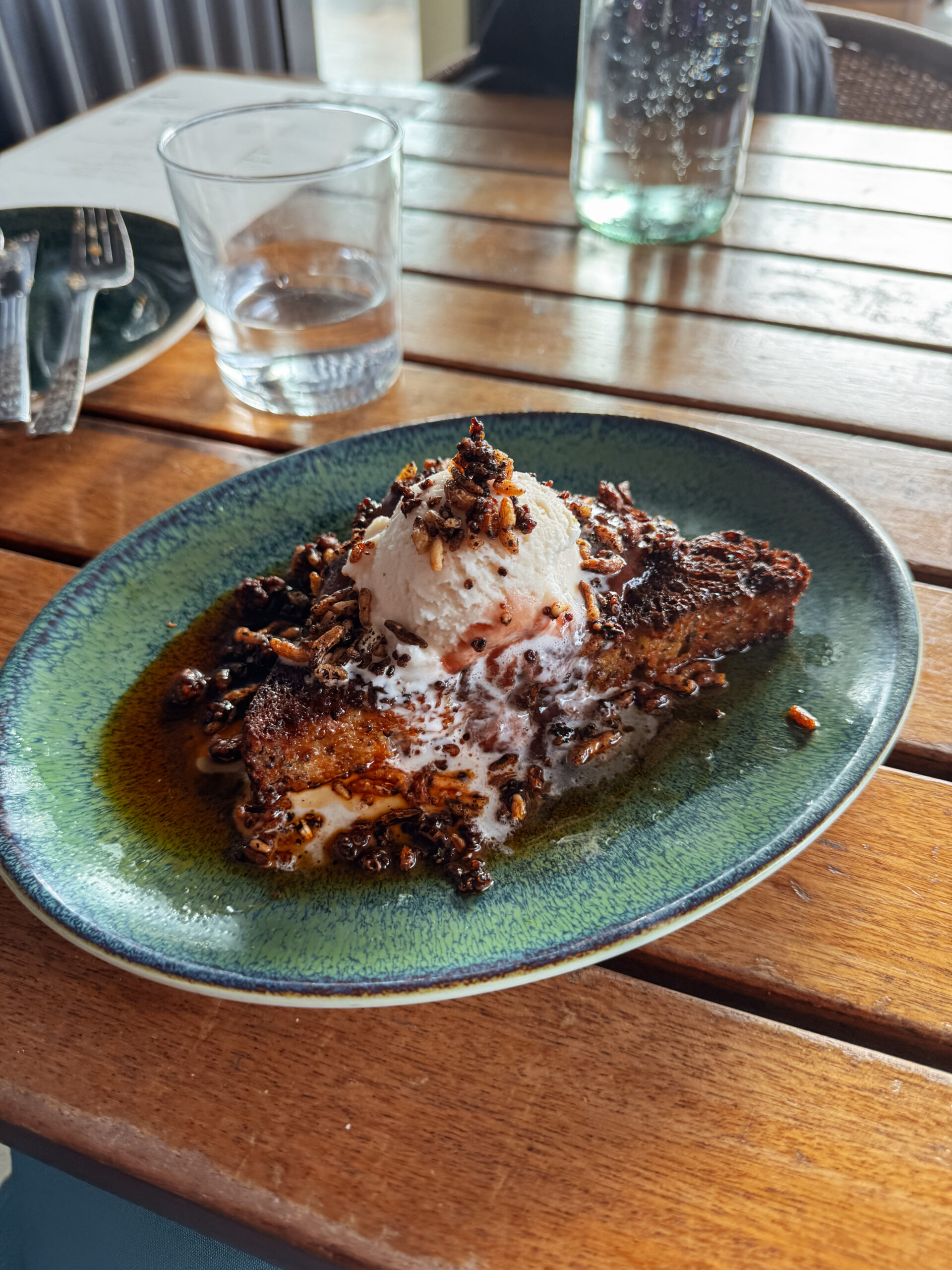 French toast on blue plate.