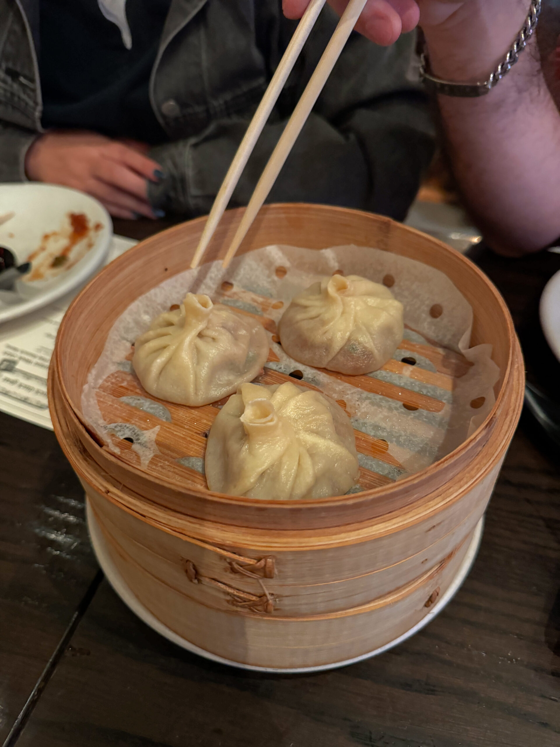 soup dumplings in steam bin.