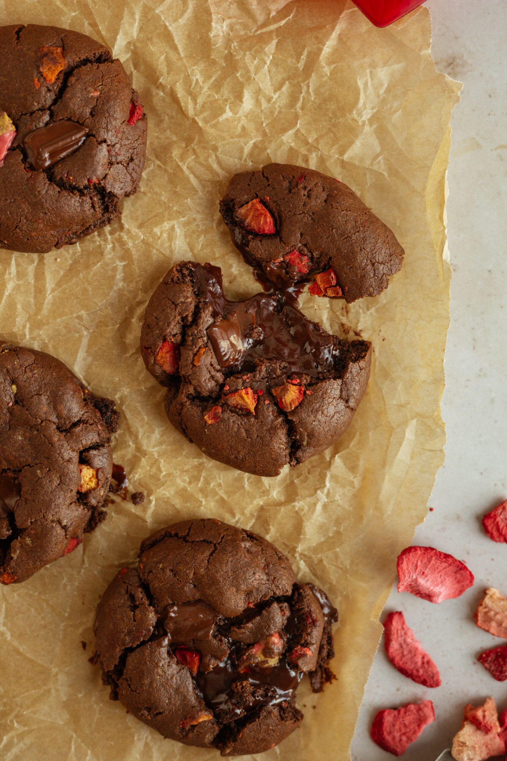 chocolate covered strawberry cookies with melted ganache center.