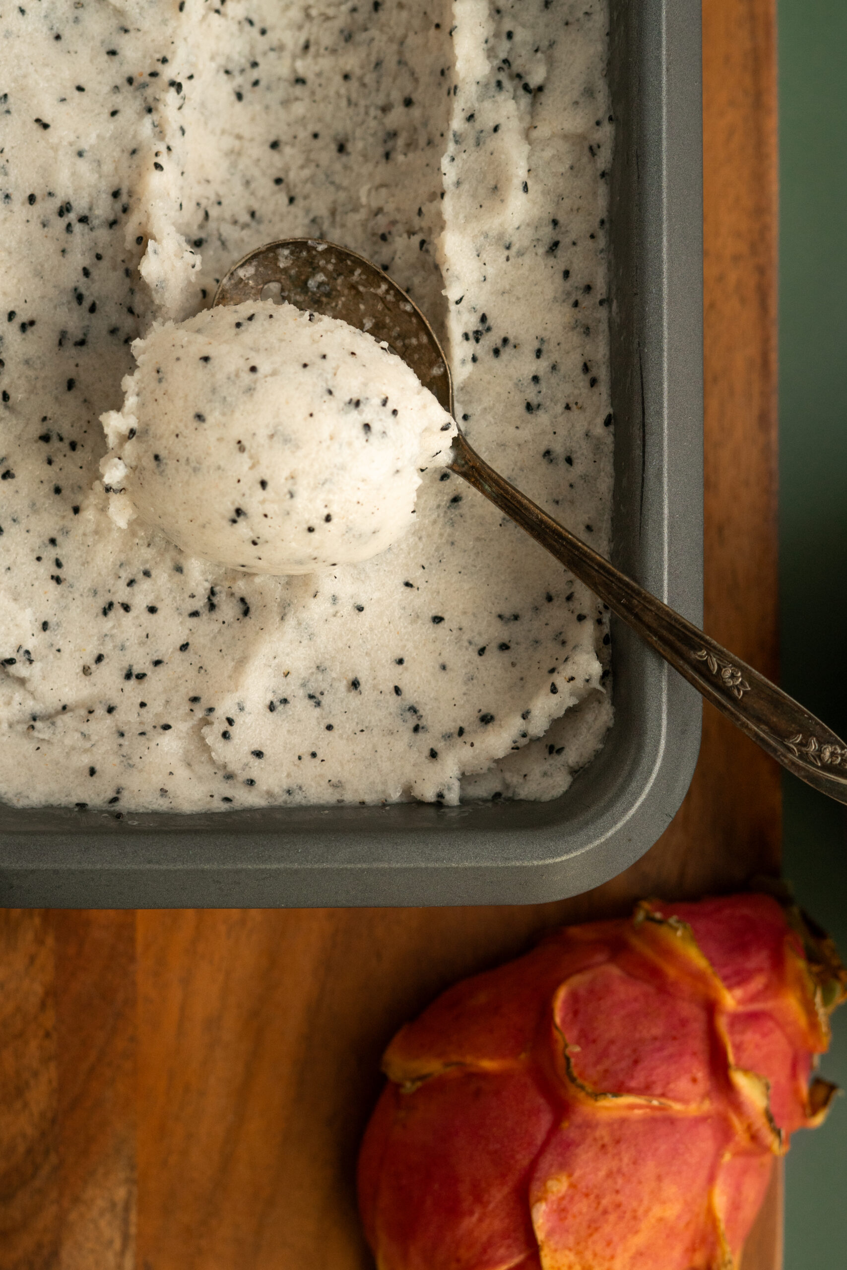 dragonfruit sherbet scooped from pan.