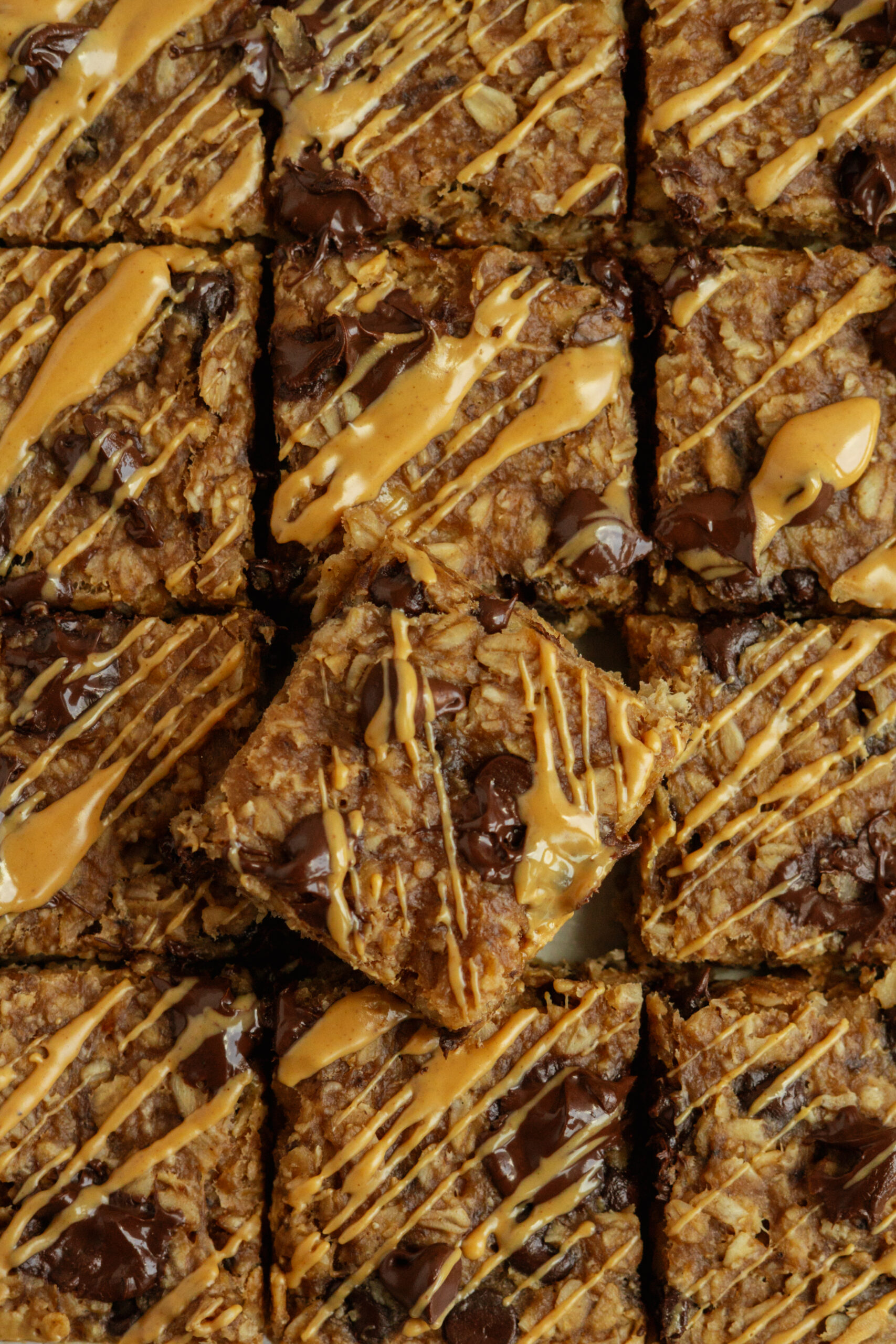 close up of banana oat bars sliced into squares.