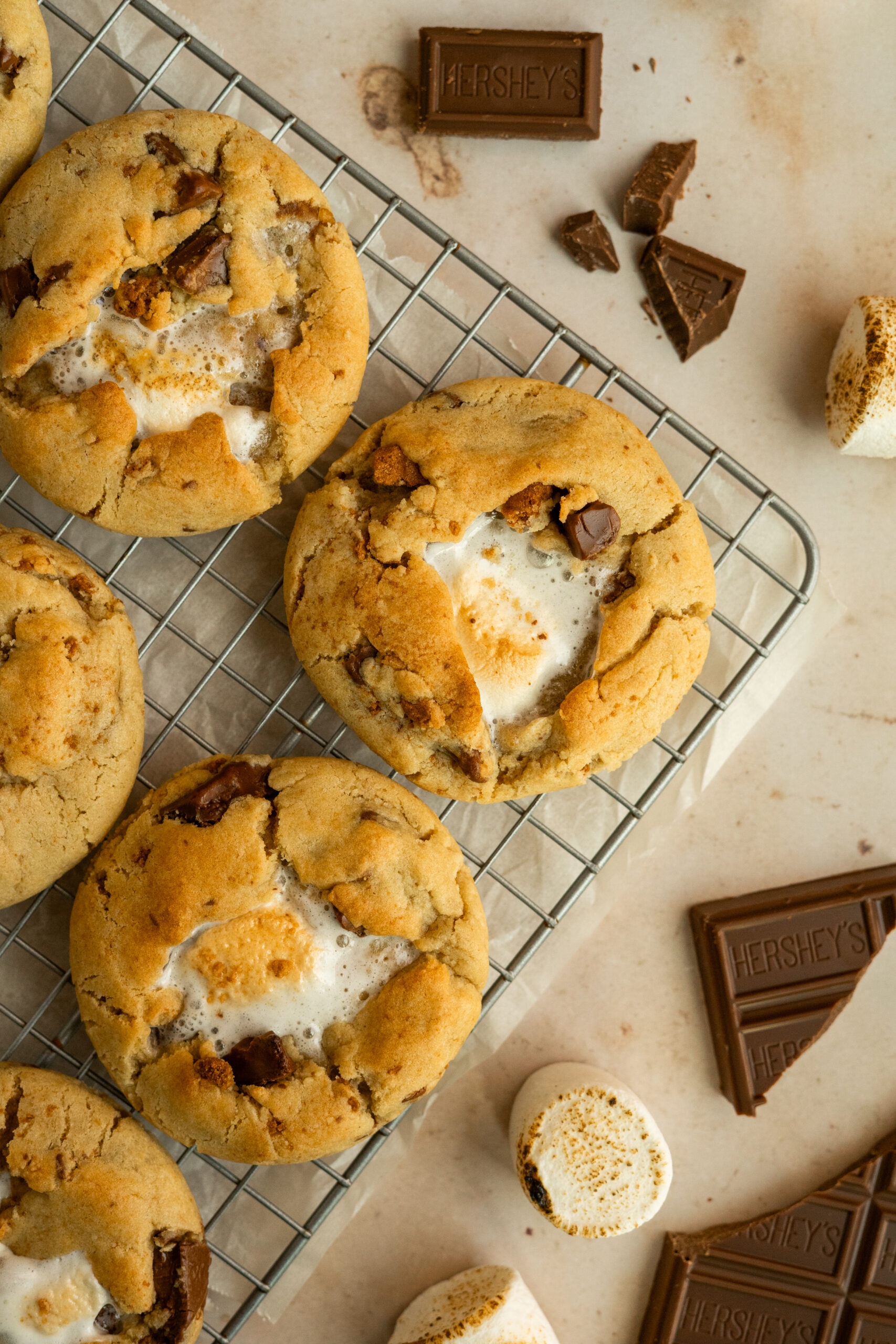 s'mores cookies on a cooling rack.