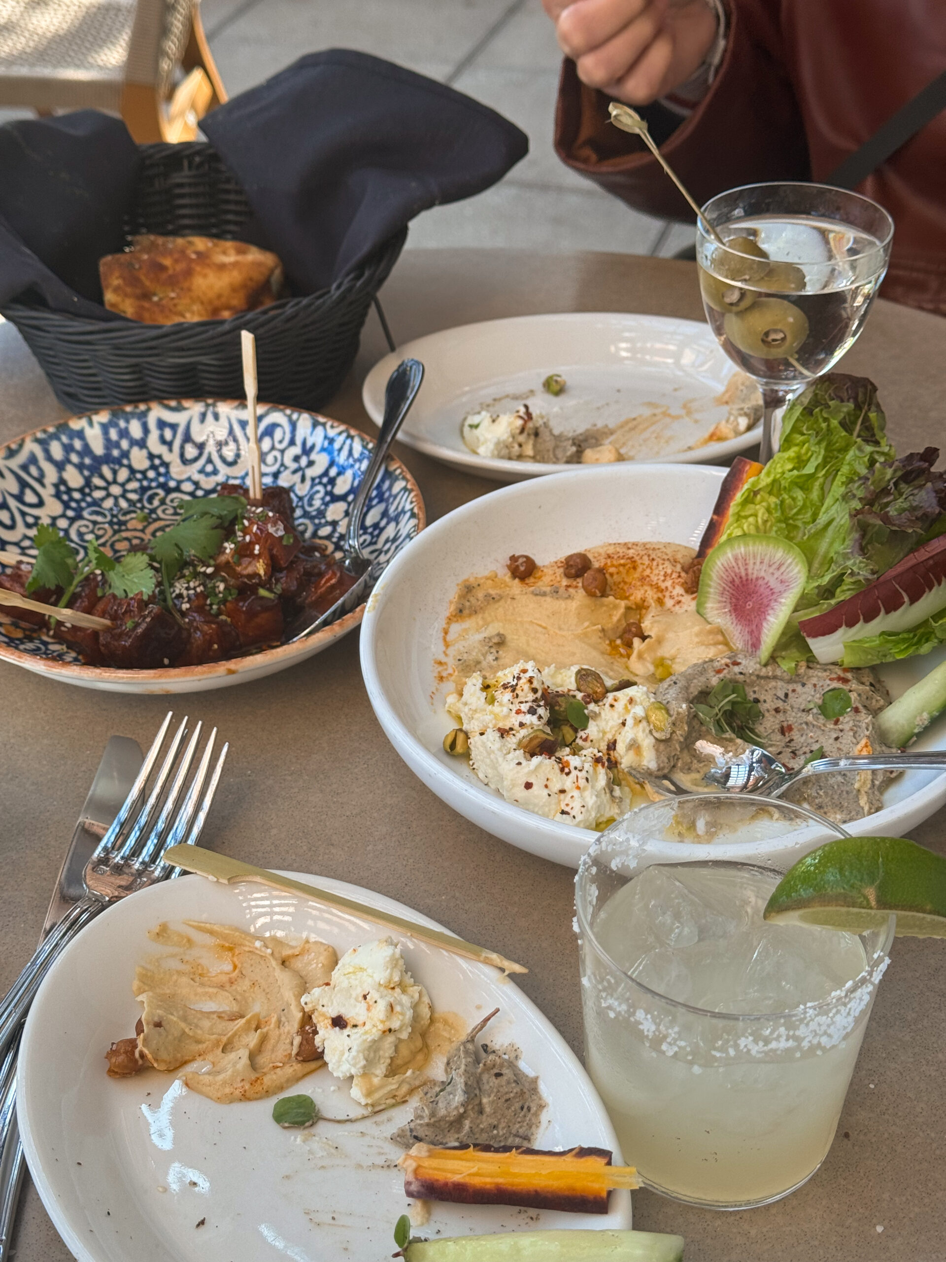 table of appetizers and drinks.