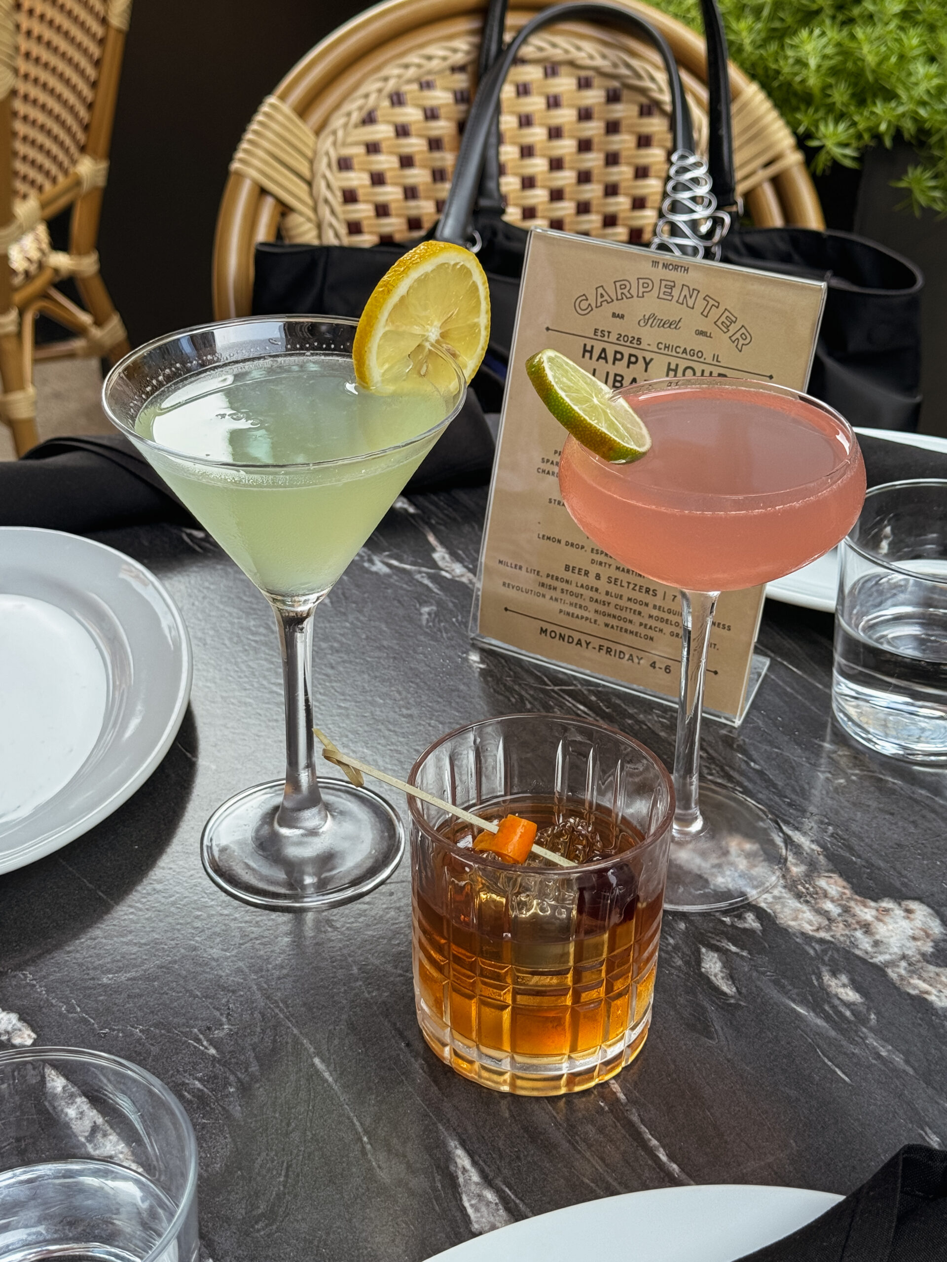 cocktails on marble table.