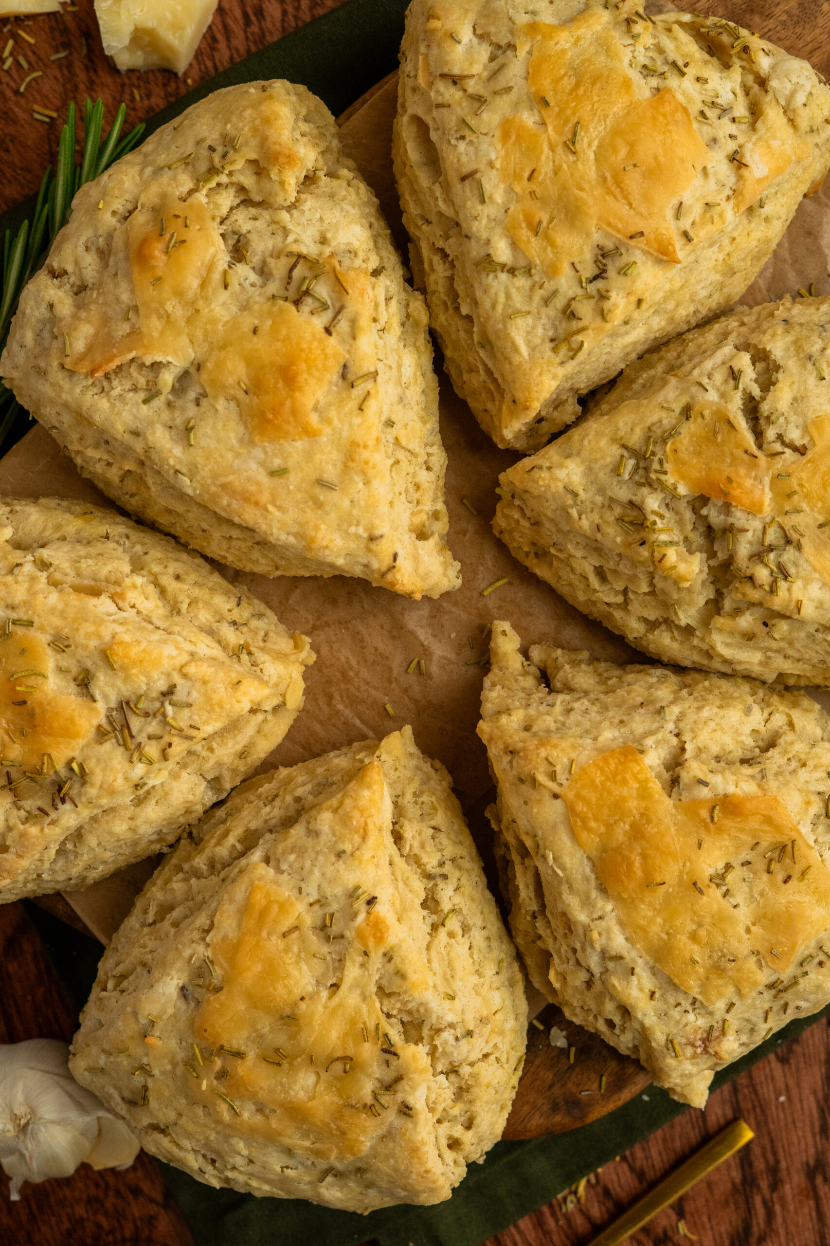 overhead view of parmesan garlic scones arranged in a circle.