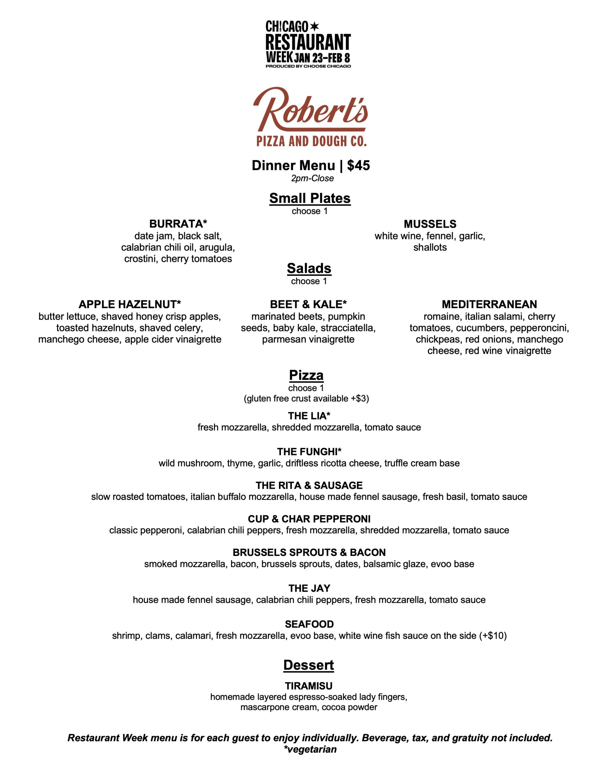 Roberts pizza restaurant menu.
