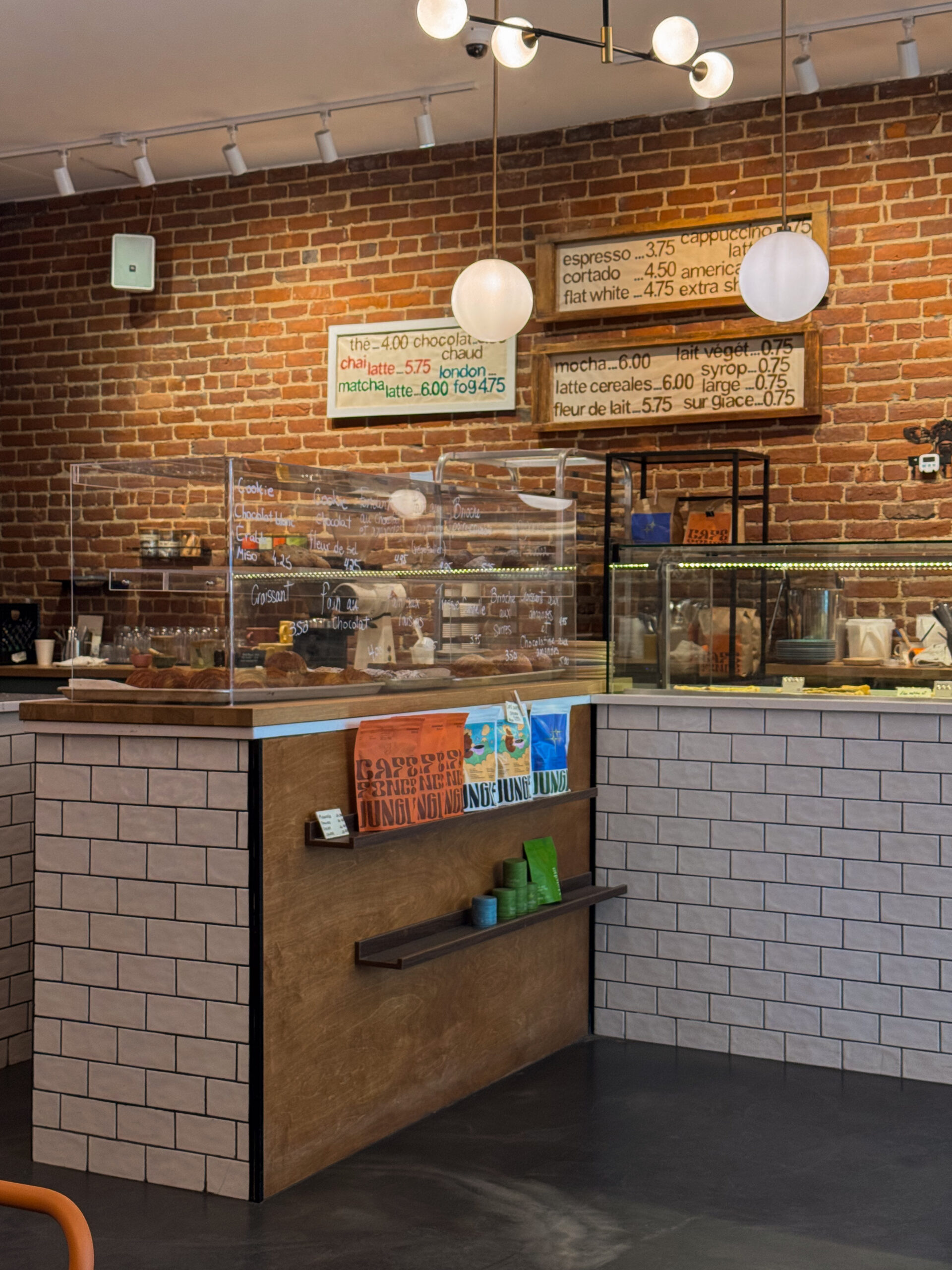 cafe interior and pastry case.