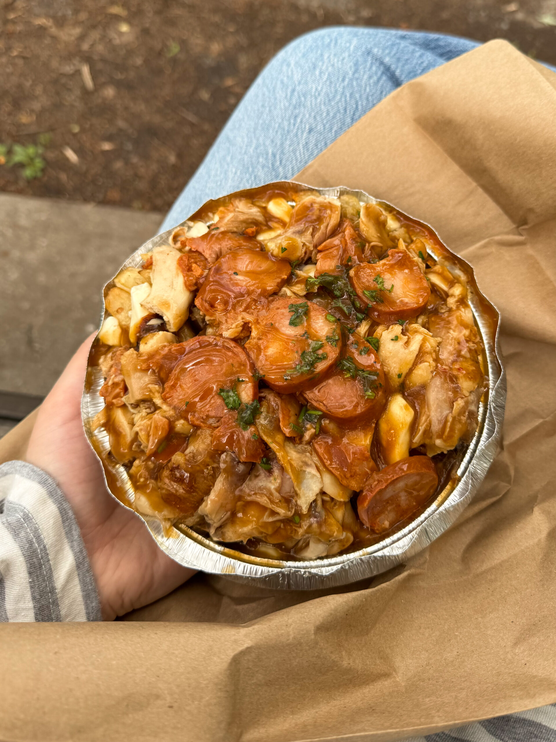 poutine in takeout container.