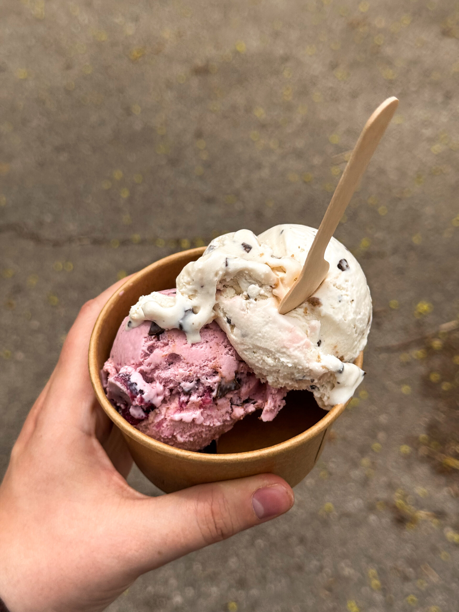 cookie dough and cherry ice creams in cup.