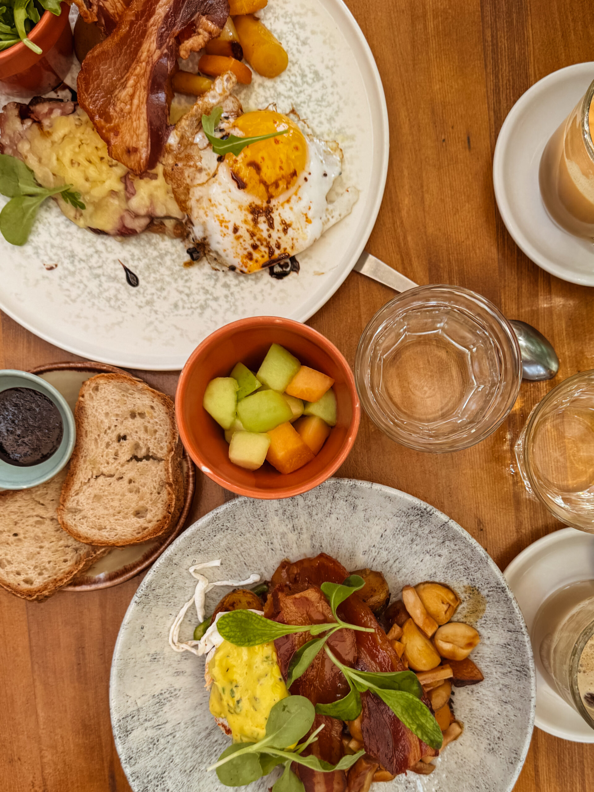 overhead view of brunch in Quebec City.