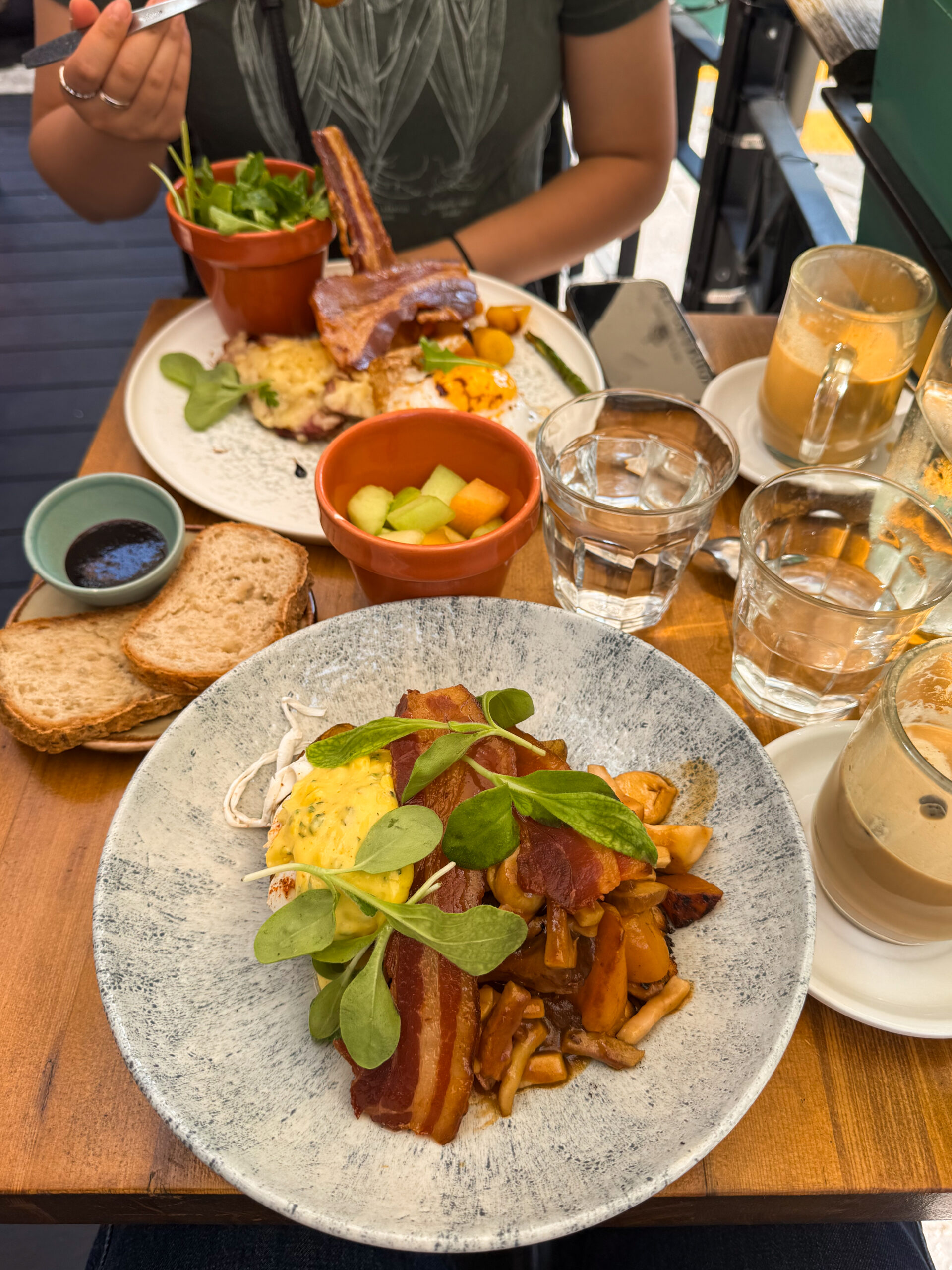 brunch spread on patio table.