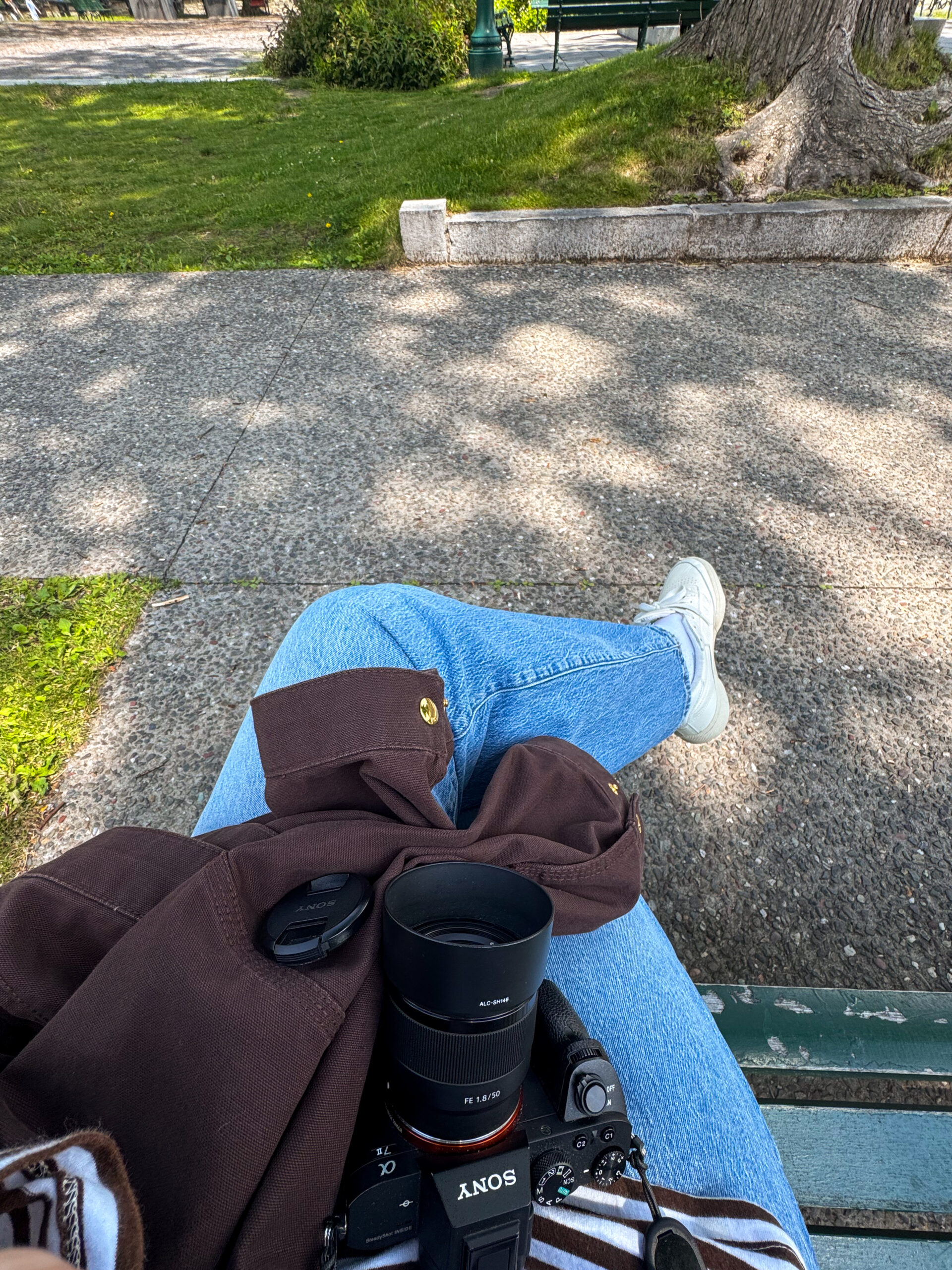 top view of woman sitting on park bench.